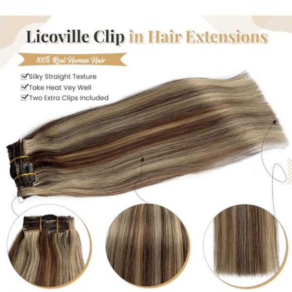 HUMAN HAIR 18” brown blonde clip in hair extensions - Picture 2 of 7